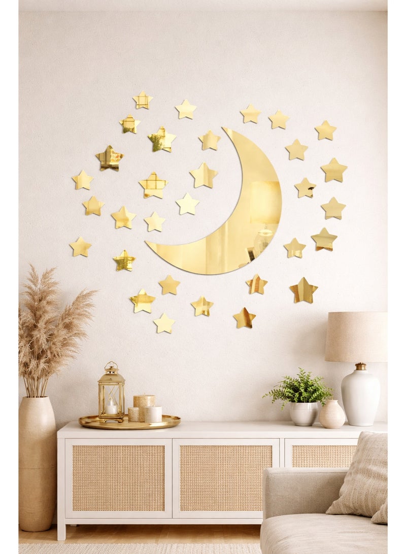 32 قطعة ملصقات حائط مرآة بشكل نجوم و هلال، مصنوعة من مادة أكريليك بسمك 1 مم، للديكور المنزلي، باللون الذهبي لزينة رمضان - Image 1